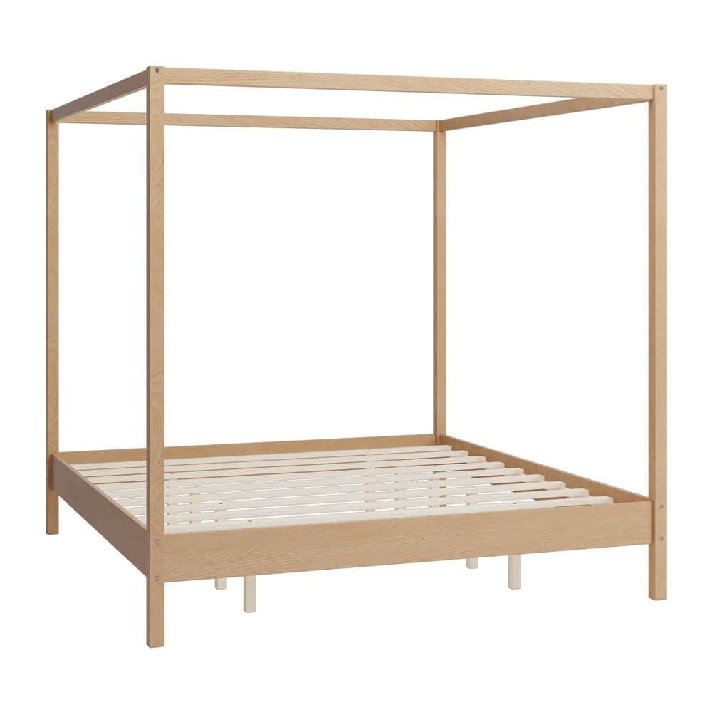 Natural (Light Brown) Solid Wood Frame Queen Size Canopy Bed with Premium Sturdy Construction, No Box Spring Needed - thumbnail 3