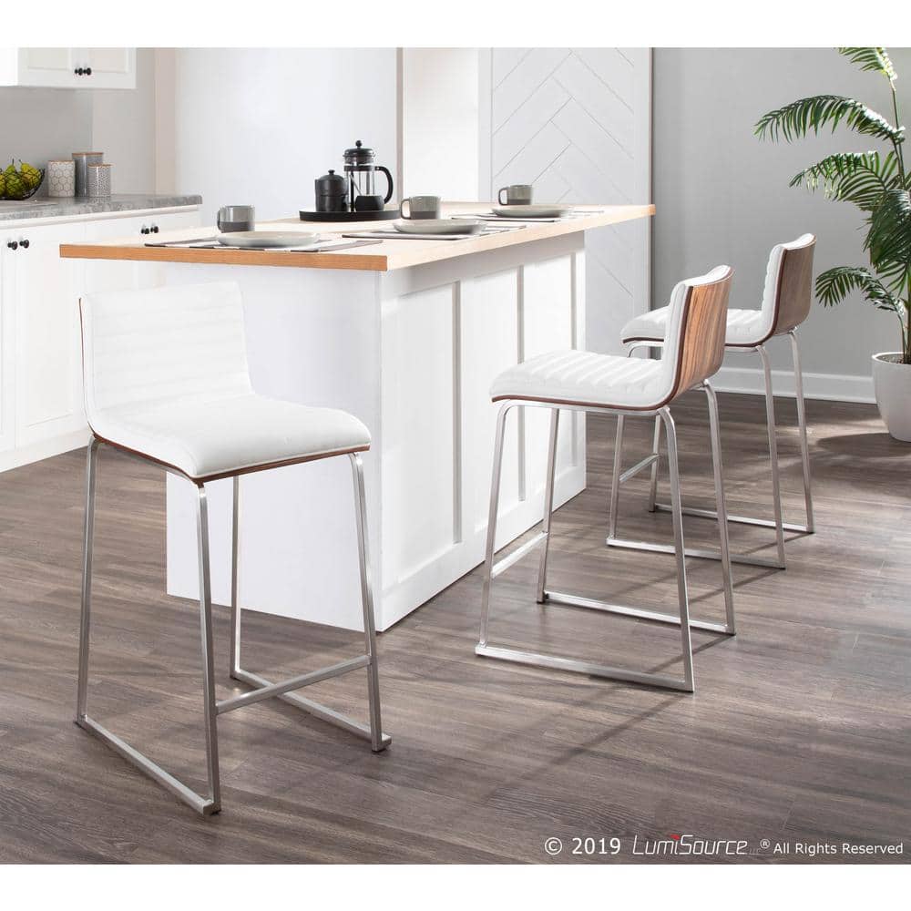 Elegant 26" Mara Modern Counter Stool in White Faux Leather and Walnut