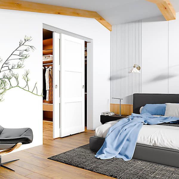 36 in. x 80 in. 3-Panel, Solid Core, DIY Painted, White Primed, MDF Bypass Sliding Door with Aluminium Hardware Kits