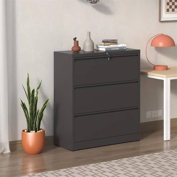 Kahomvis Black 40 in. H Metal Office Storage Cabinet Steel Lateral File Cabinet with Lock and 3-Drawers