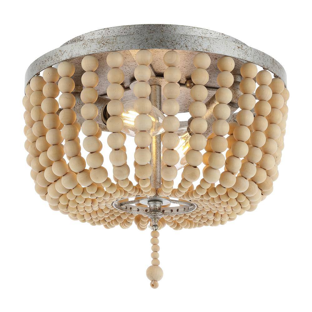 Antique Silver and Cream Wood Beaded Farmhouse Flush Mount Light