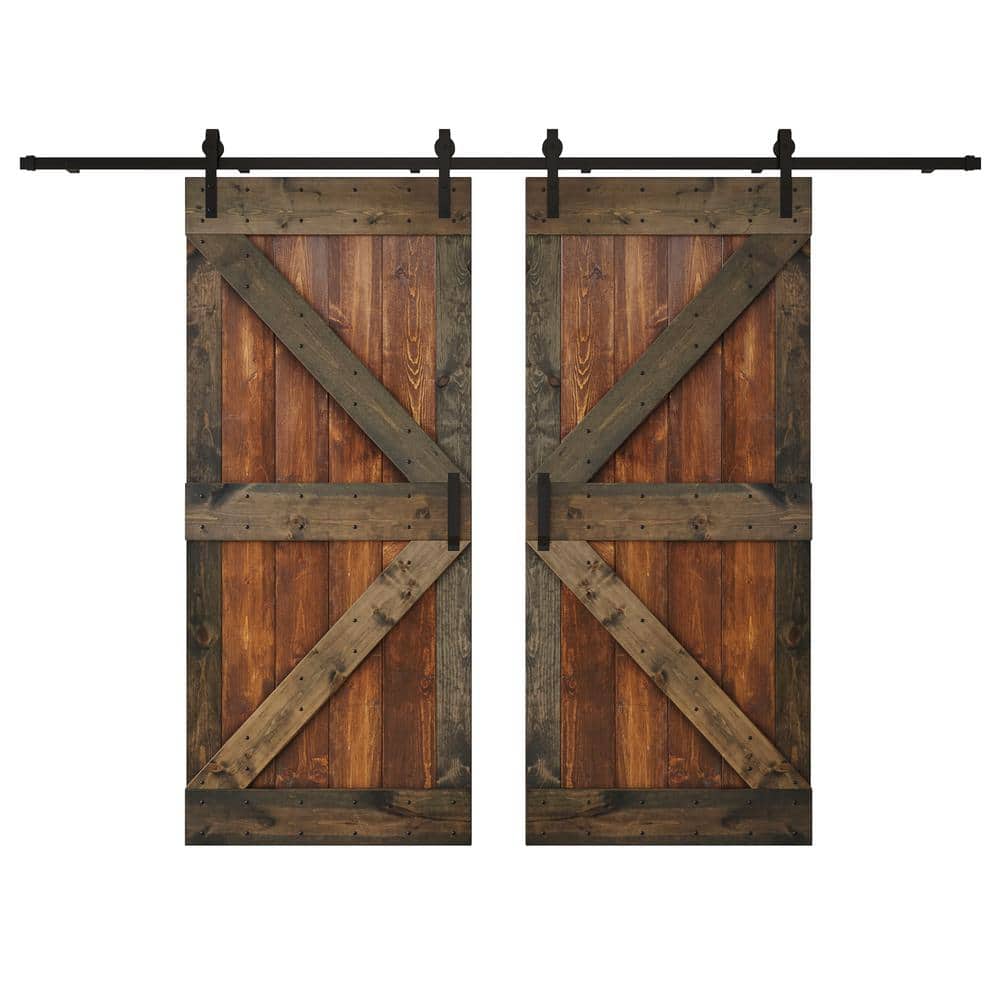 K Series 72 in. x 84 in. Dark Walnut Aged Barrel Knotty Pine Wood Double Sliding Barn Door with Hardware Kit price history on PriceWatchPro