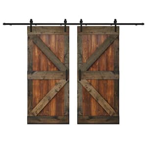 K Series 72 in. x 84 in. Dark Walnut Aged Barrel Knotty Pine Wood Double Sliding Barn Door with Hardware Kit