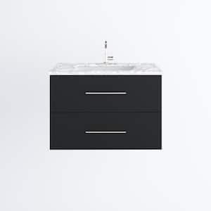 Napa 36 W x 22 D x 21-3/4 H Single Sink Bathroom Vanity Wall Mounted in Black Ash with Carrera Marble Countertop