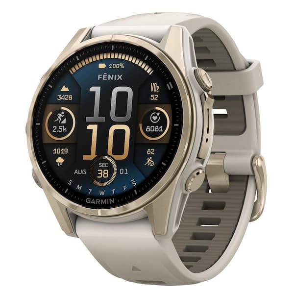 fenix 8 AMOLED Multisport 43-mm GPS Watch with Silicone Band 1.69 x .54 in Sapphire Lens, Soft Gold and Fog Gray