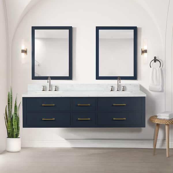 Lexora Sherman 72 in W x 22 in D Blue Double Bath Vanity and Carrara Marble Top