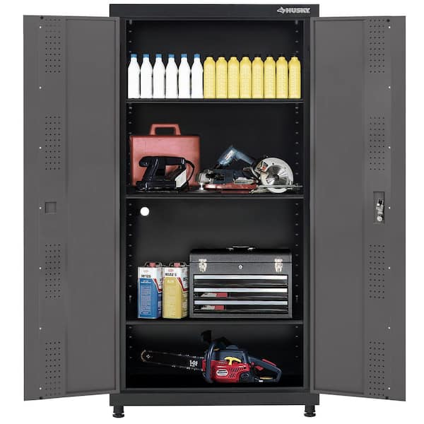 Regular Duty 36 in. W x 72 in. H x 18 in. D 4-Shelf 22-Gauge Steel Freestanding Garage Storage Cabinet in Black and Gray