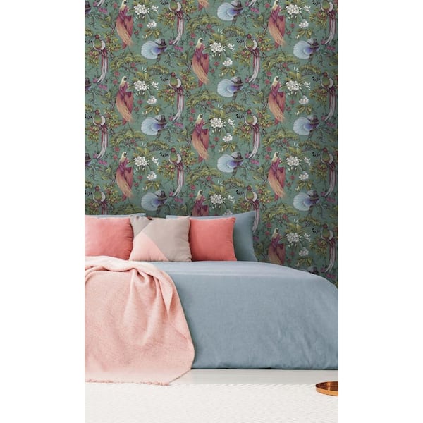 Walls Republic Green Painted Oriental Birds and Trees Tropical Shelf Liner  Non-Woven Wallpaper Double Roll (57 sq. ft.) R7560 - The Home Depot