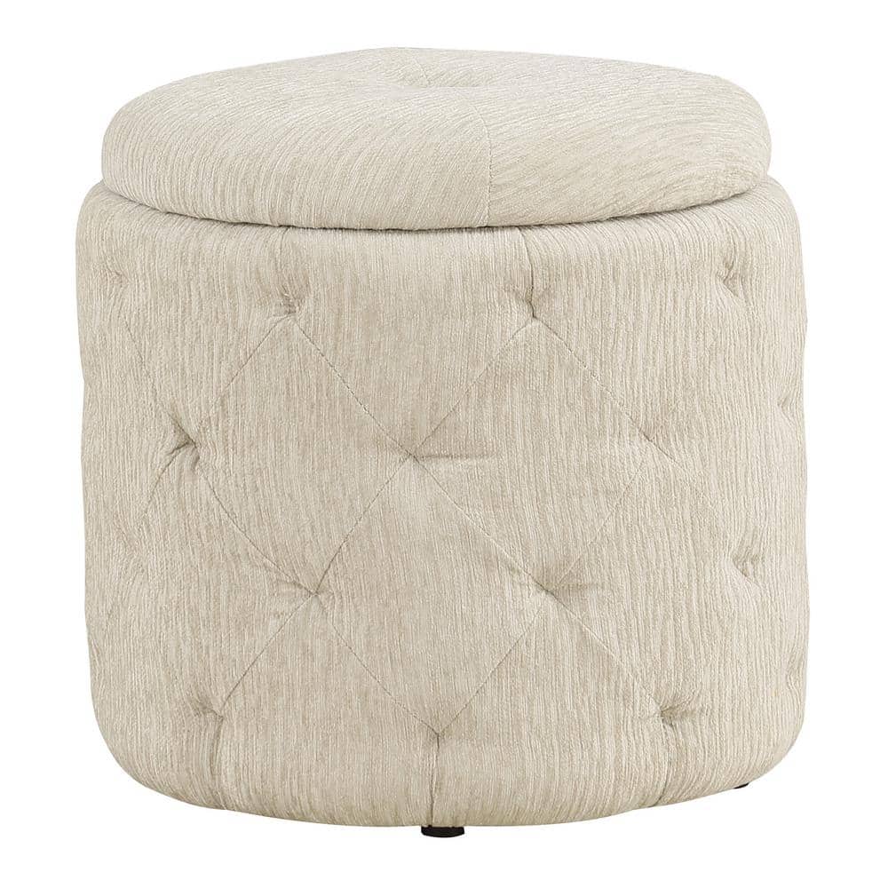 Cream Linen Tufted Round Storage Ottoman