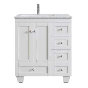 Happy 30 in. W x 18 in. D x 34 in. H Bathroom Vanity in White with White Carrara Marble Top with White Sink