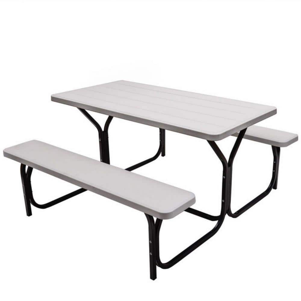 White Outdoor Picnic Table Bench Set with Metal Base Wood price history on PriceWatchPro