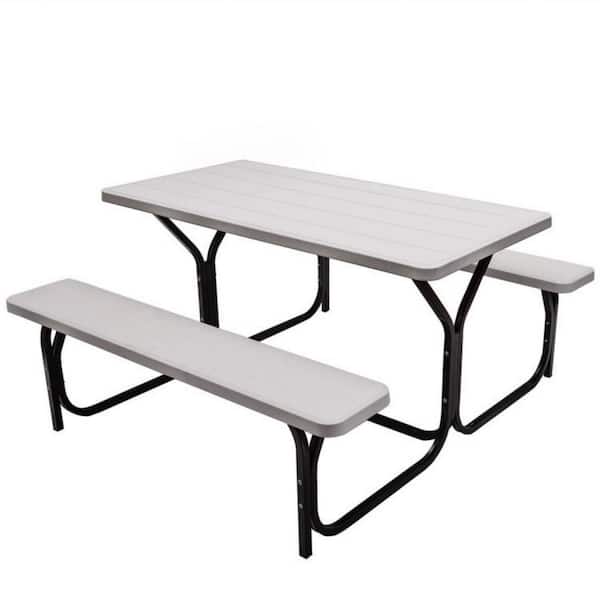 Afoxsos White Outdoor Picnic Table Bench Set with Metal Base Wood