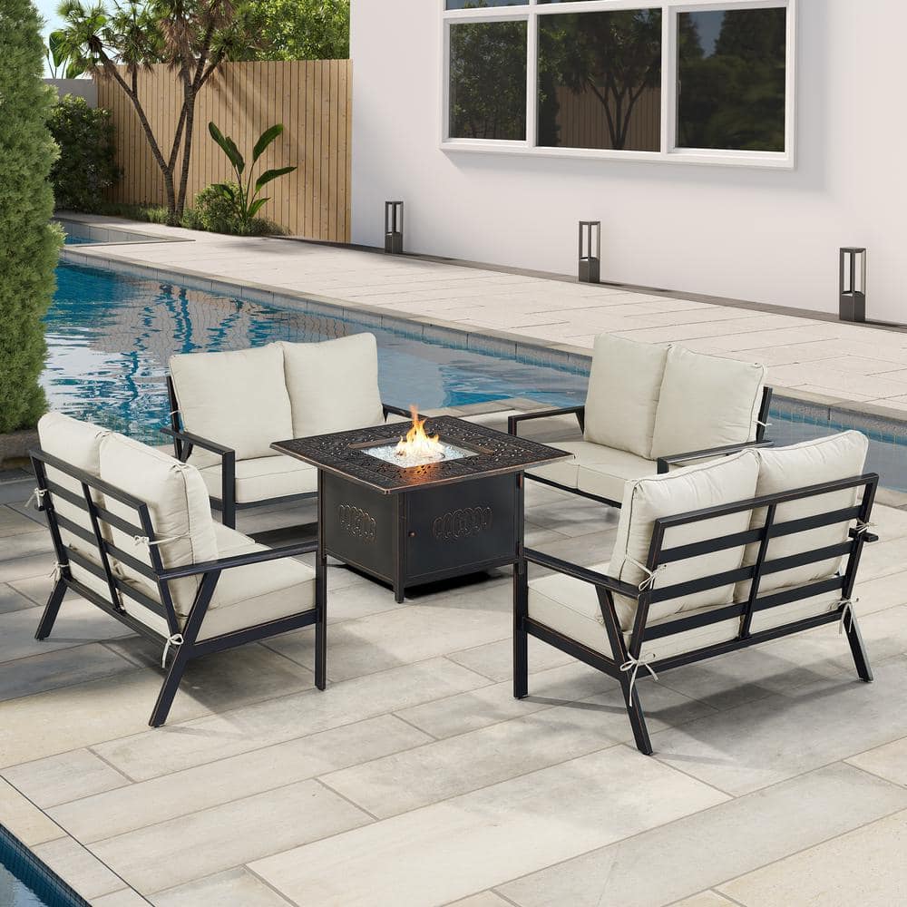 Black 5-Piece Aluminum Patio Fire Pit Set with Light Grey Cushions price history on PriceWatchPro