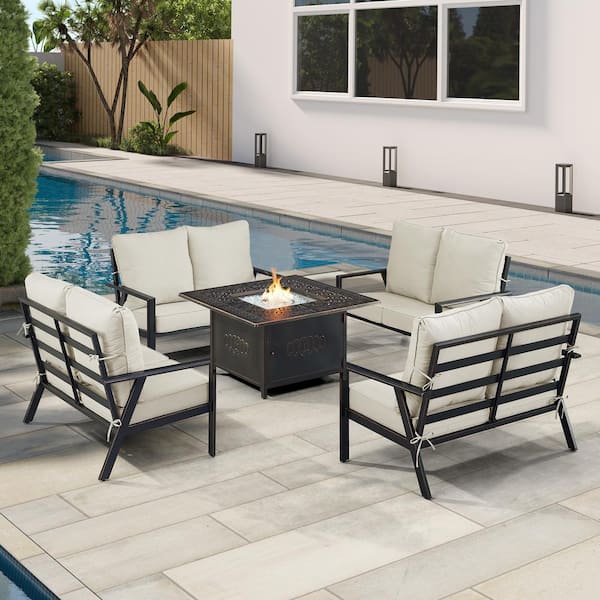 Black 5-Piece Aluminum Patio Fire Pit Set with Light Grey Cushions