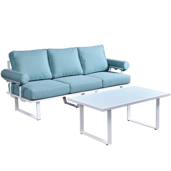 HOOOWOOO Teton Grand White 2-Piece Aluminum Outdoor Patio Conversation Set with Lake Blue Cushions and a Coffee Table