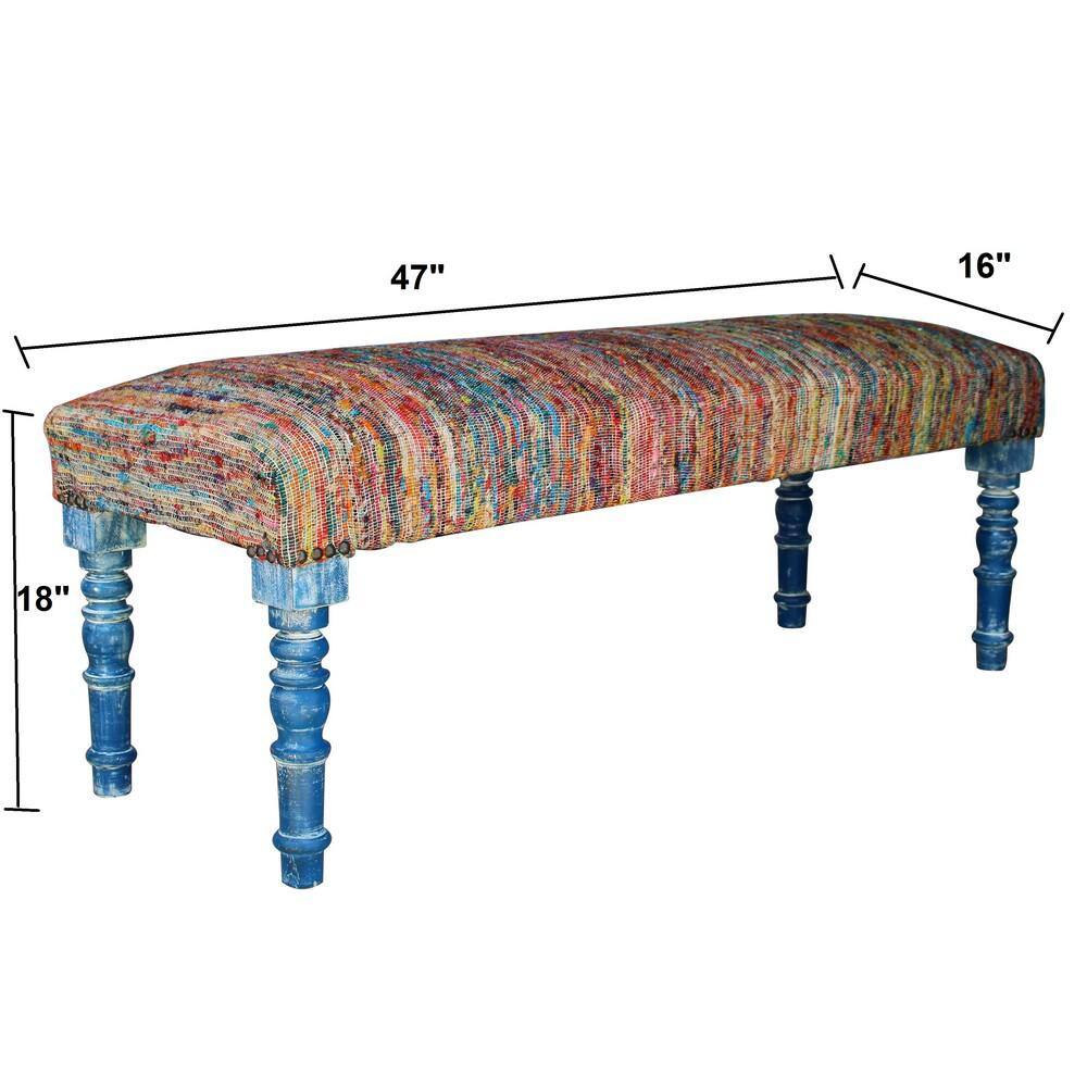 Colorful Chindi 47" Bench with Storage and Blue Legs