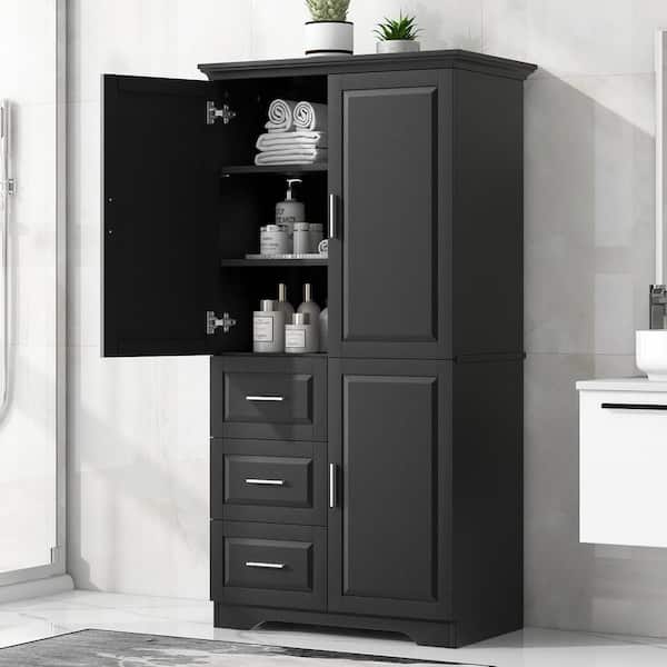 33 in. W x 20 in. D x 62 in. H Black Linen Cabinet with Doors and 3 Drawers