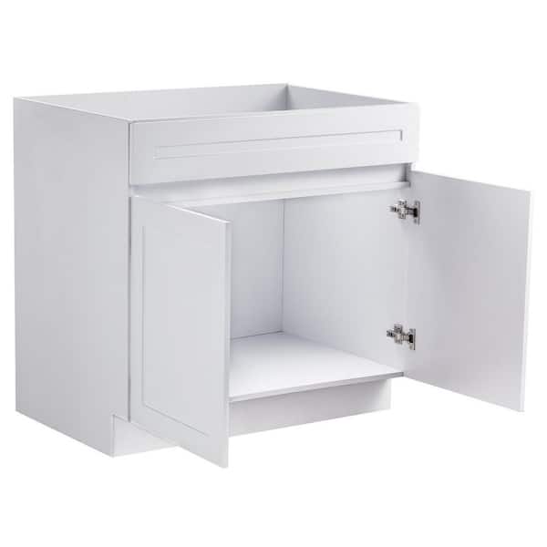 White Shaker Base Cabinet 36 in. Unassembled Sink Drawer Base Cabinet 36 in. W x 24 in. D x 34.5 in. H Ready to Assemble