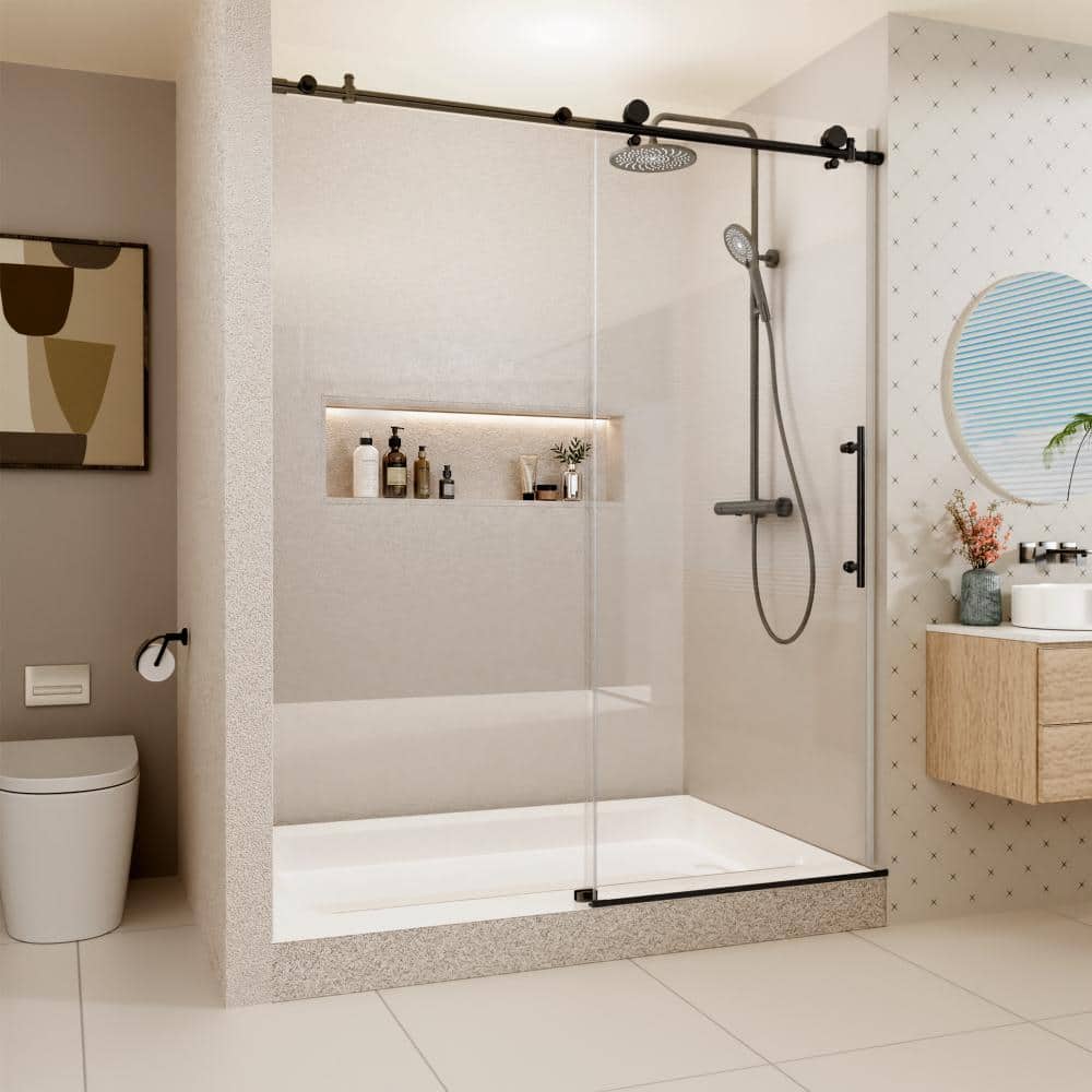 "44"" - 48"" W x 74"" H Frameless Single Sliding Shower Door in Matte Black with Clear Glass" price history on PriceWatchPro