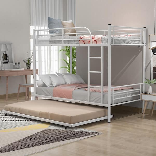 Qualler Allain White Twin Over Twin Metal Bunk Bed With Trundle