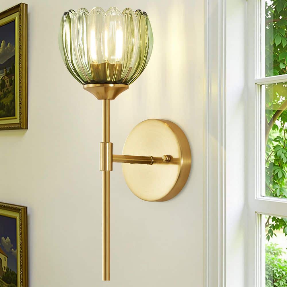 5.12 in. 1-Light Gold Vintage Modern Industrial Wall Sconce with Tulip Green Glass Shade price history on PriceWatchPro