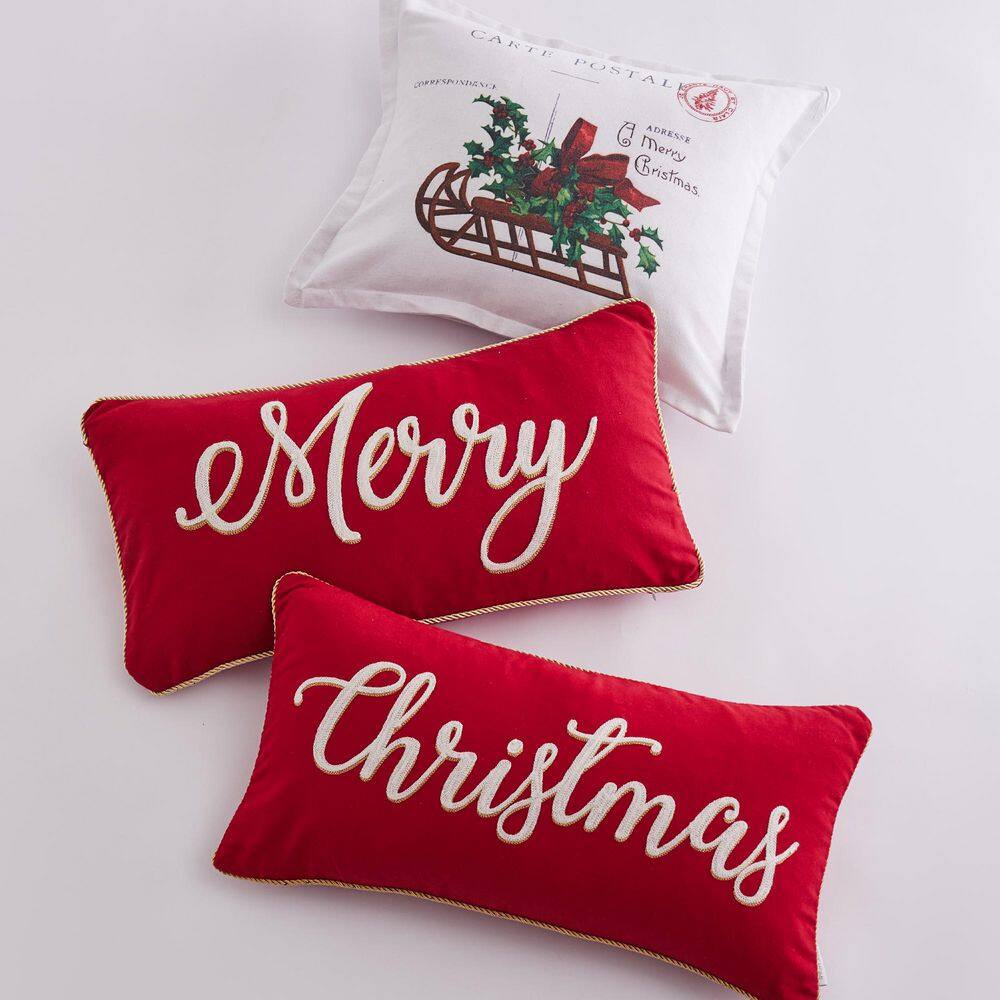 Red and Gold Embroidered Merry Holiday Pillow 12x24