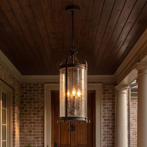 Preston 10.5 in. W x 24 in. H 3-Light Iron Oxide Hardwired Outdoor Hanging Lantern with Clear Pebbled Glass Shade