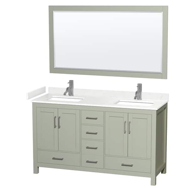 Wyndham Collection Sheffield 60 in. W x 22 in. D x 35 in. H Double Bath Vanity in Light Green with Carrara Cultured Marble Top & 58" Mirror