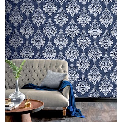 Gold and Gray Blue Damask Wallpaper MD29418 Double Roll FREE SHIPPING