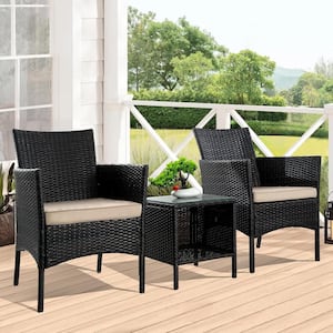 3-Piece Brown Wicker Outdoor Dining Set, Square Table and Rattan Chairs with Khaki Cushions