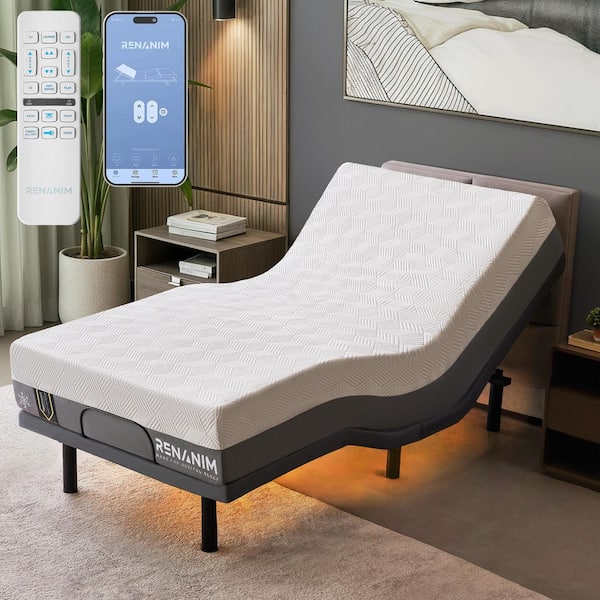 Gray Twin XL Adjustable Bed Frame + 10 in. Cooling Gel Memory Foam Mattress-Massage, USB, Under Bed Light, APP, Remote