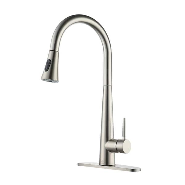 Boyel Living 2-Spray Patterns Single Handle Pull Down Sprayer Kitchen Faucet with Deckplate and Water Supply Hoses in Brushed Nickel