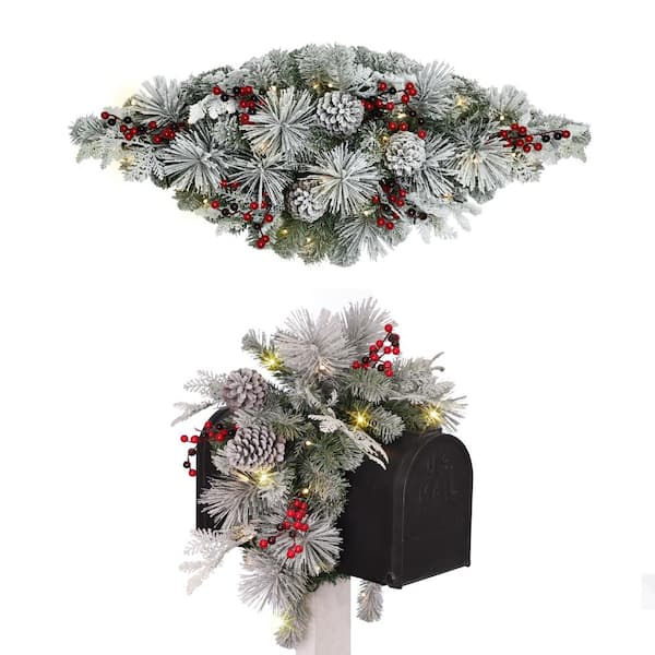 Puleo International 36 in. Green Battery Operated Prelit Flocked Artificial Christmas Mailbox Cover
