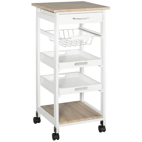 Mobile Kitchen Cart in White,Rolling Kitchen Island with Storage and Wire Fruit Baskets,Trays and Drawer