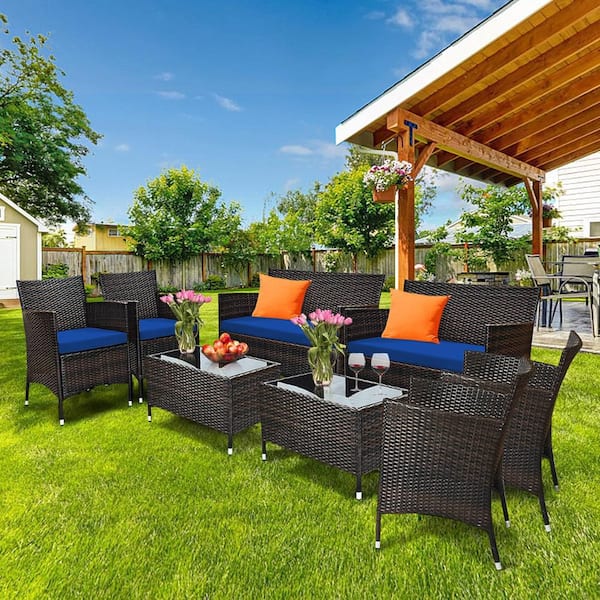 8-Pieces Patio Rattan Conversation Furniture Set Outdoor with Navy Cushion