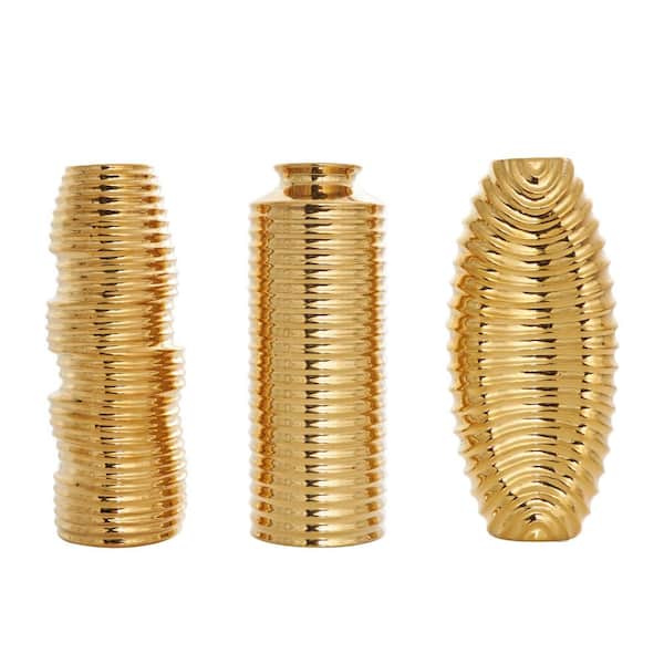 Litton Lane Gold Dimensional Ribbed Ceramic Decorative Vase with Varying Shapes (Set of 3)