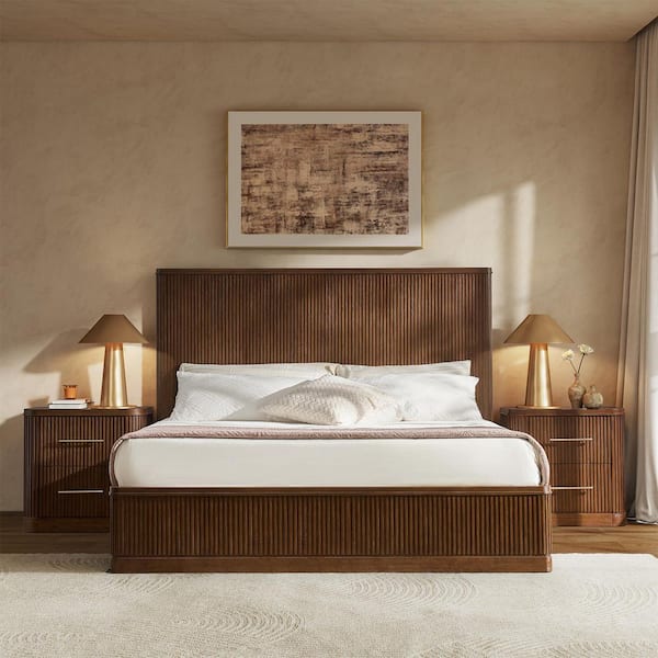 Eustacio Walnut Solid Wood Frame King Platform Bed with Fluted Surface