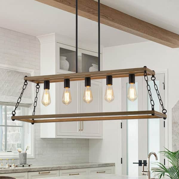 HUOKU Desarrollo 5-Light 37.4 in.W Matte Black Chandelier in Trapezoidal Open Frame Rectangular Kitchen Island Hanging Light