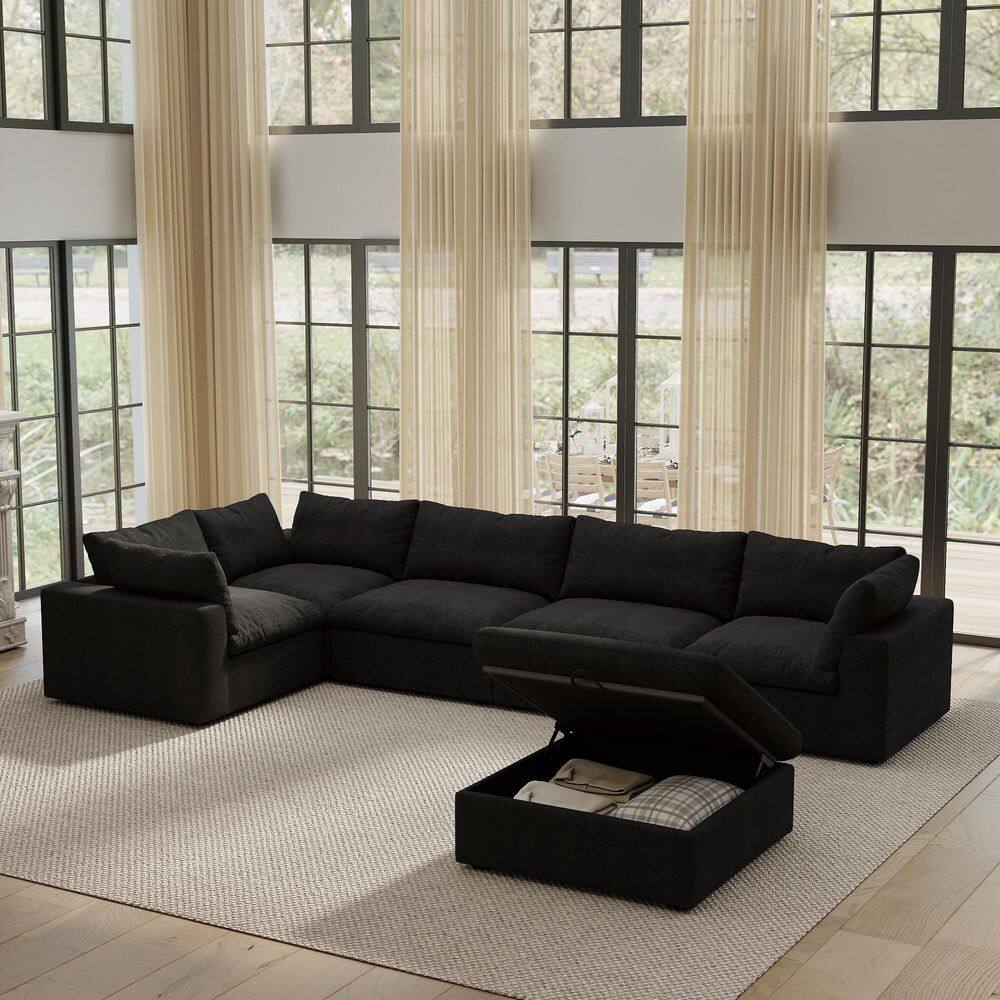 157.32 in. Square Arm 6-piece Linen Down Sectional Sofa with Storage in. Black