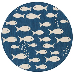 Courtyard Navy/Beige 4 ft. x 4 ft. Novelty Fish Indoor/Outdoor Patio  Round Area Rug