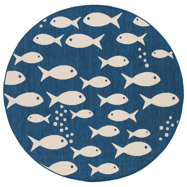 Courtyard Navy/Beige 5 ft. x 5 ft. Novelty Fish Indoor/Outdoor Patio  Round Area Rug