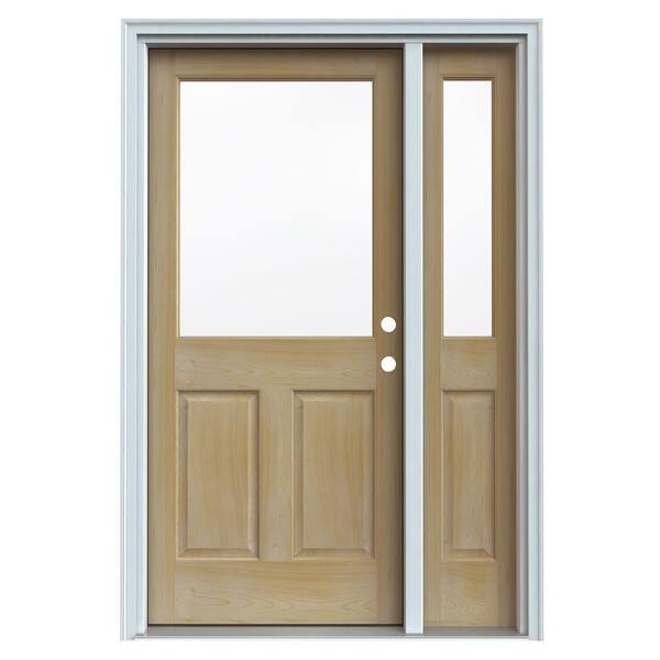 JELD-WEN 1/2 Lite Unfinished AuraLast Pine Wood Prehung Front Door with 14 in. Sidelites & Primed Jamb & Brick-DISCONTINUED