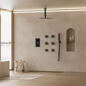 Thermostatic 3-Spray 12 in. Square Shower Head High Pressure Shower System with LCD Display and Valve in Matte Black