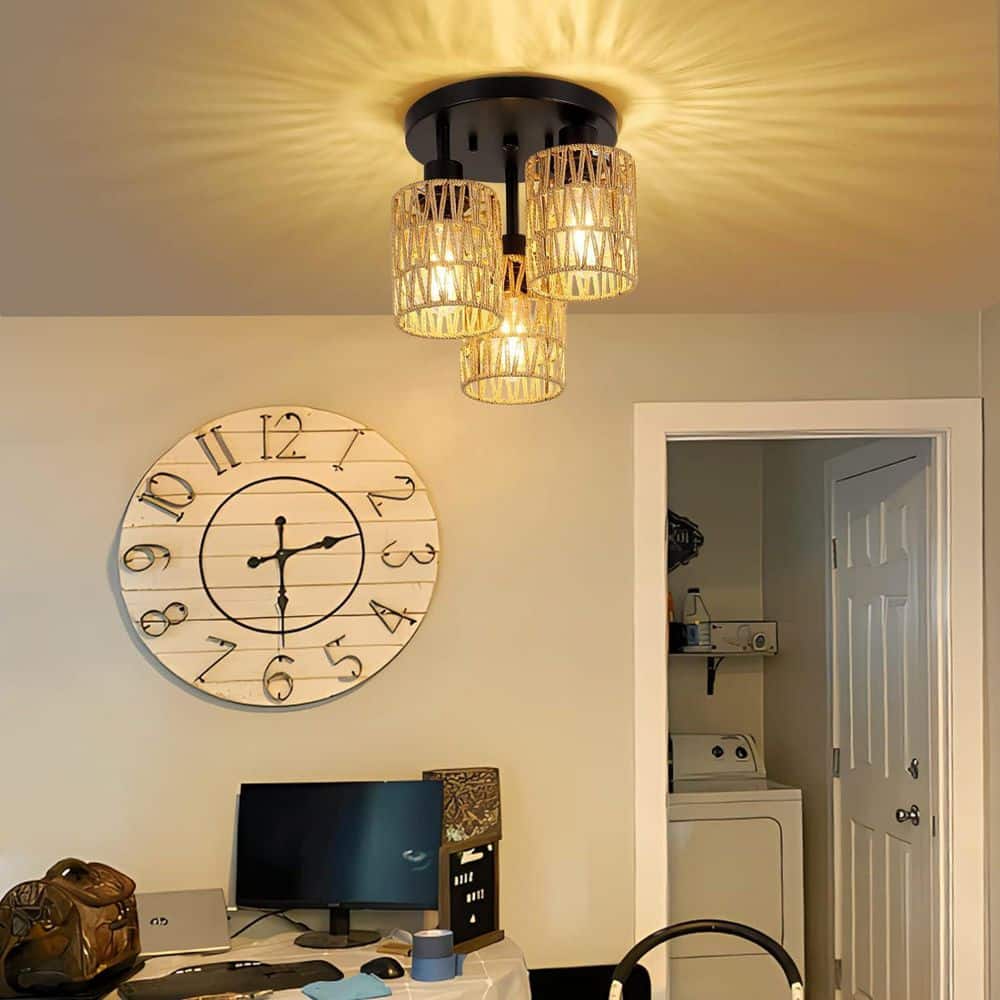 Boho 3 light Matte Black Stepped Hand Woven Rattan Round Flush Mount Chandelier for Bedroom Hallway No Bulbs Included price history on PriceWatchPro