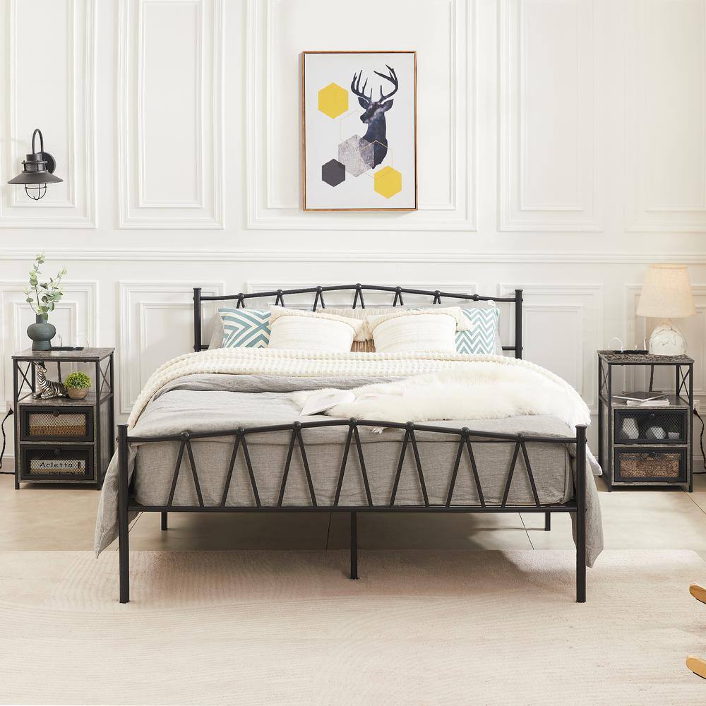 Gray and Black Metal Nightstands with Wood Top and USB Ports, Set of 2
