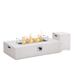 56 in. 50,000 BTU Large White Rectangle Composite Fire Pit Table with Glass Wind Guard and Water-Resistent Cover