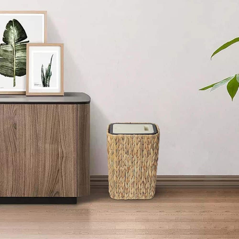 3 gal. Small Trash Can with Lid, Rattan Garbage Can with Press Top Lid Plas