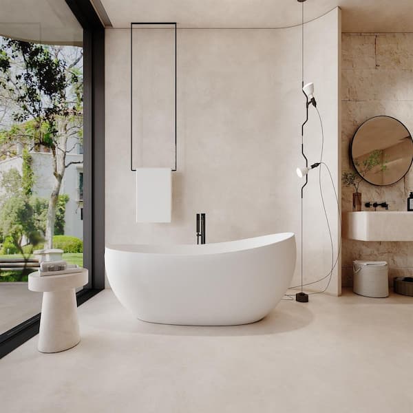 63 in. x 30.7 in. Freestanding Stone Resin Solid Surface Single Slipper Soaking Bathtub in Matte White