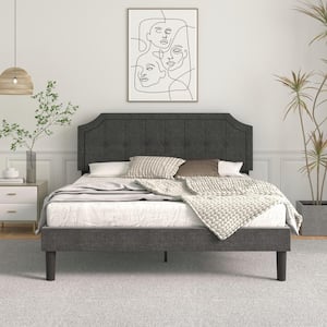 53.93 in. W Gray Full Size Bed Frame with Headboard Upholstered Platform Bed with Sturdy Wood Slat Support