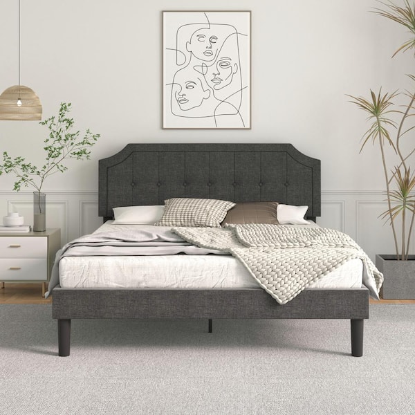 VECELO 53.93 in. W Gray Full Size Bed Frame with Headboard Upholstered Platform Bed with Sturdy Wood Slat Support
